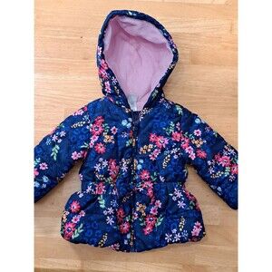 Little Me Toddler Girls Blue Floral Puffer Winter Coat w/ Hood Lined Size 12 Mos